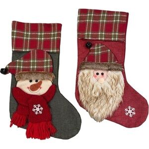 Pair Christmas Stockings Red Green Plaid Snowman Santa Jingle Bell Fur Farmhouse